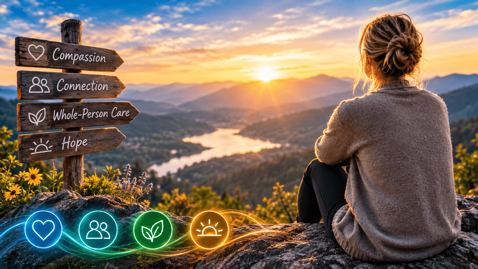Woman seated on a rocky hill during sunset, overlooking a landscape with lush mountains and a river, beside a wooden signpost representing compassion, connection, whole-person care, and hope.
